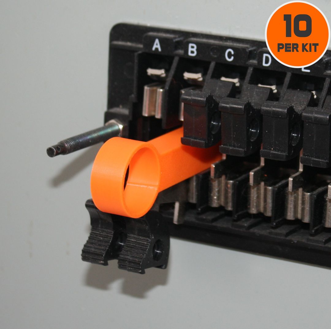This test switch blocker is a secure way to keep a switch from accidentally being closed.  This is essential when working through a written step by step procedure to maintain positive control of test switches.  